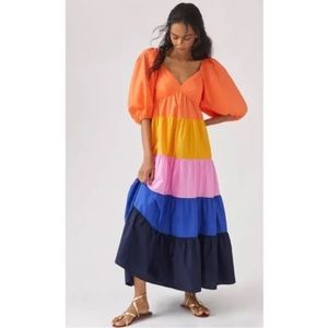 Farm Rio x Anthropologie Tiered Colorblock Maxi Dress Size XXS Petite